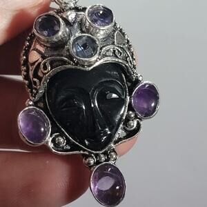 Goddess Pendant Carved Black Stone Face Sterling Silver